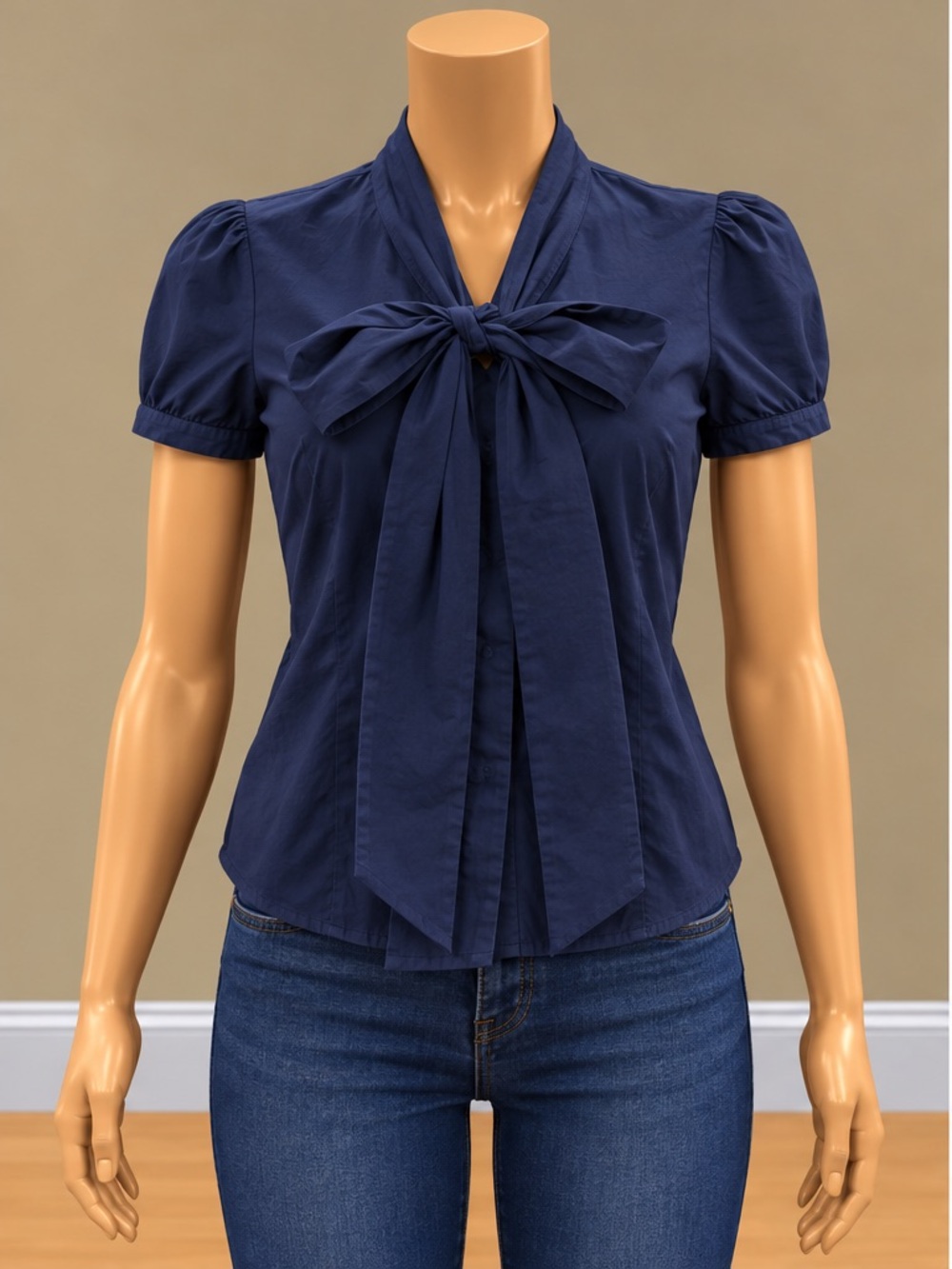 ASOS Navy Blue Pussy Bow Tie Neck Puff Sleeve Cotton Blouse Top